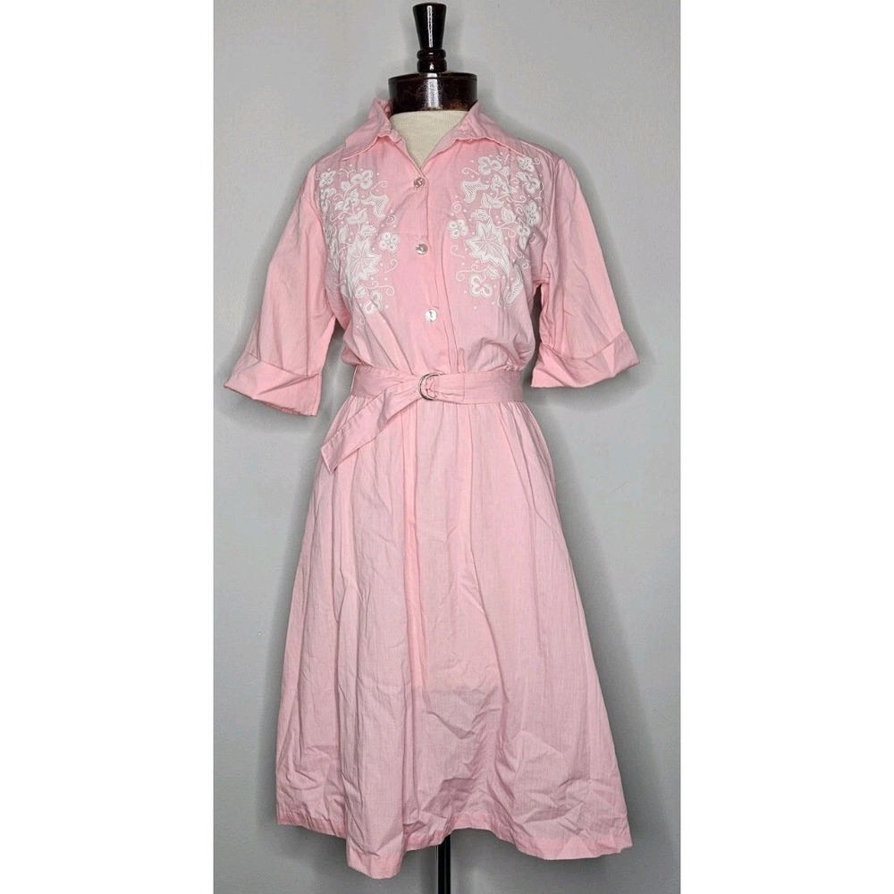 VTG 1980s Village Fair Pink Floral Belted Shirtwaist Dress M